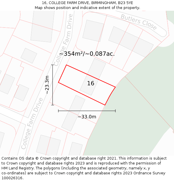 16, COLLEGE FARM DRIVE, BIRMINGHAM, B23 5YE: Plot and title map