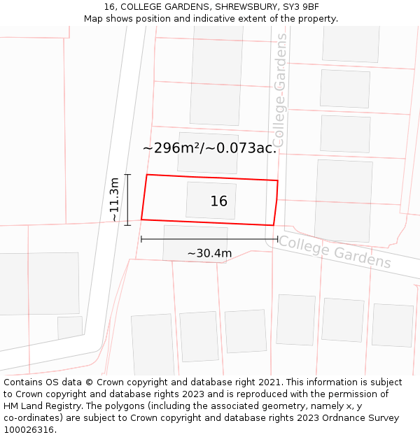 16, COLLEGE GARDENS, SHREWSBURY, SY3 9BF: Plot and title map