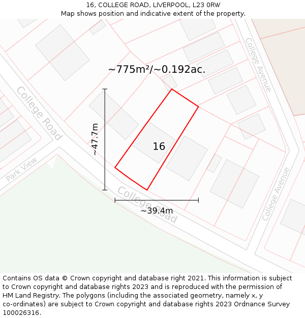 16, COLLEGE ROAD, LIVERPOOL, L23 0RW: Plot and title map