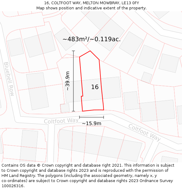 16, COLTFOOT WAY, MELTON MOWBRAY, LE13 0FY: Plot and title map