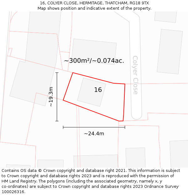 16, COLYER CLOSE, HERMITAGE, THATCHAM, RG18 9TX: Plot and title map