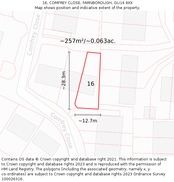 16, COMFREY CLOSE, FARNBOROUGH, GU14 9XX: Plot and title map