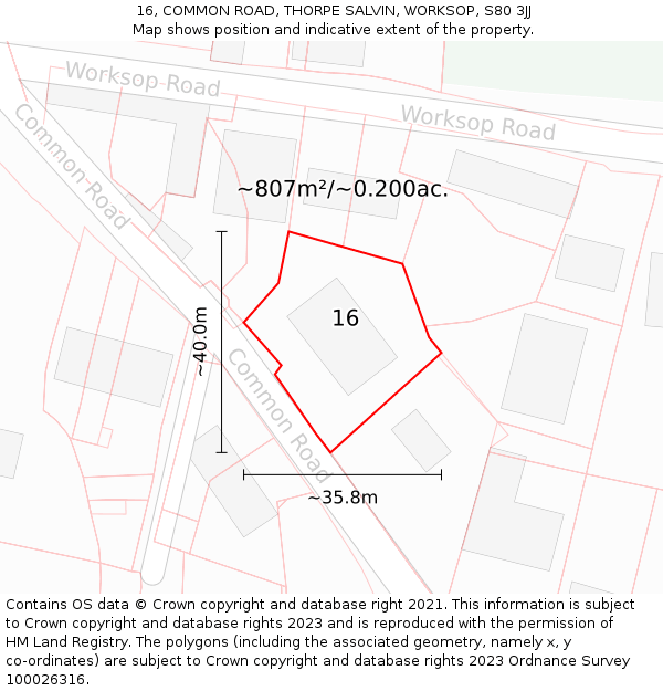 16, COMMON ROAD, THORPE SALVIN, WORKSOP, S80 3JJ: Plot and title map