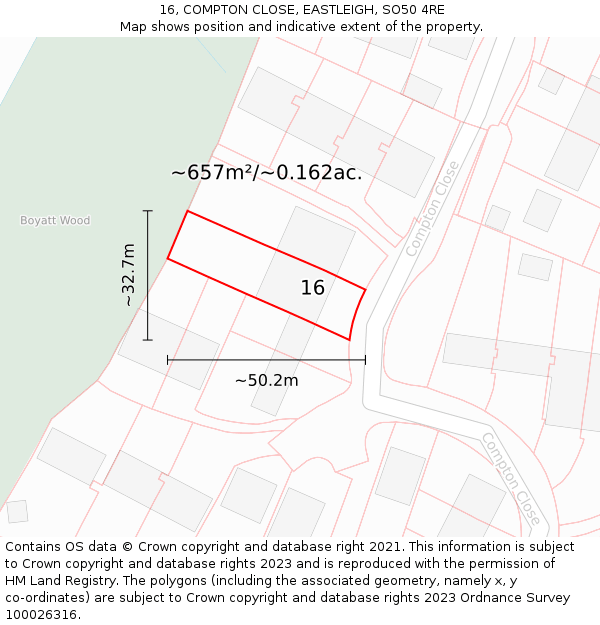 16, COMPTON CLOSE, EASTLEIGH, SO50 4RE: Plot and title map