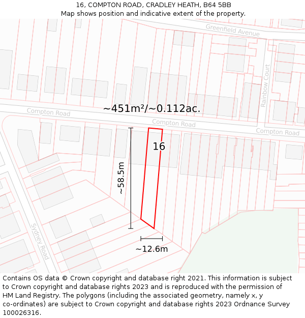 16, COMPTON ROAD, CRADLEY HEATH, B64 5BB: Plot and title map