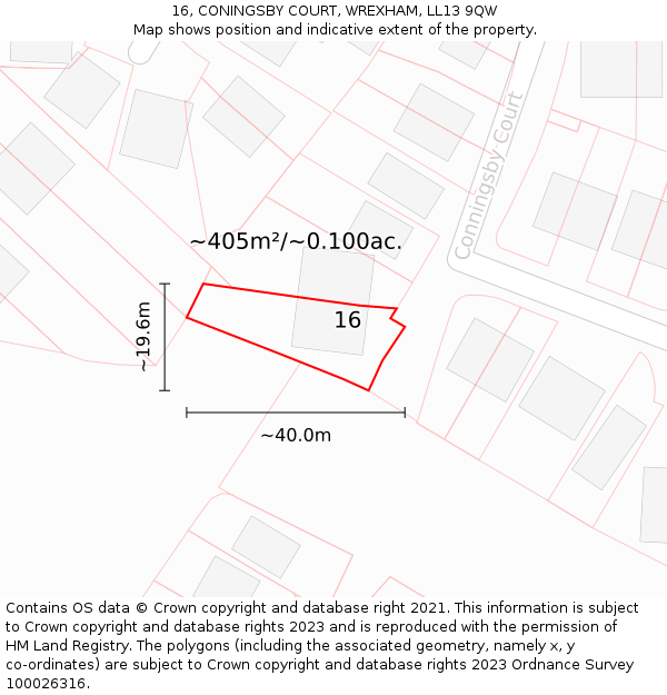 16, CONINGSBY COURT, WREXHAM, LL13 9QW: Plot and title map