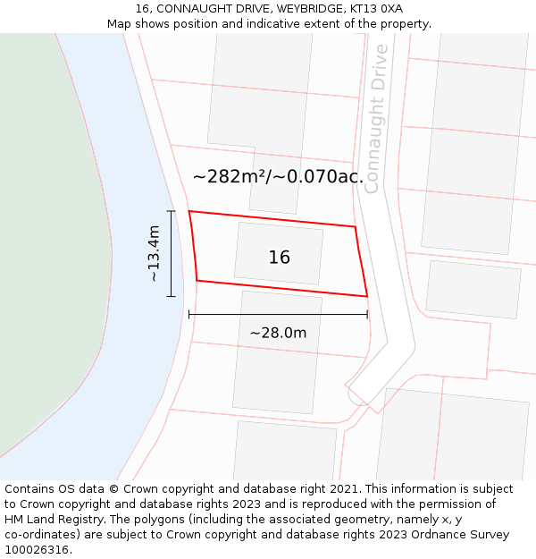 16, CONNAUGHT DRIVE, WEYBRIDGE, KT13 0XA: Plot and title map