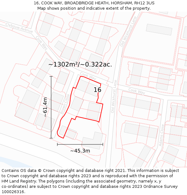 16, COOK WAY, BROADBRIDGE HEATH, HORSHAM, RH12 3US: Plot and title map