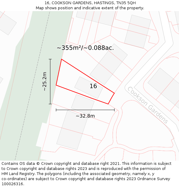 16, COOKSON GARDENS, HASTINGS, TN35 5QH: Plot and title map