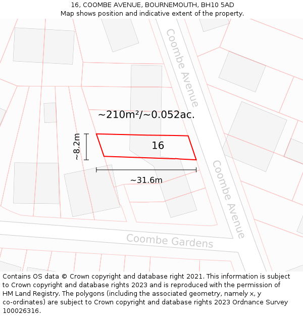 16, COOMBE AVENUE, BOURNEMOUTH, BH10 5AD: Plot and title map