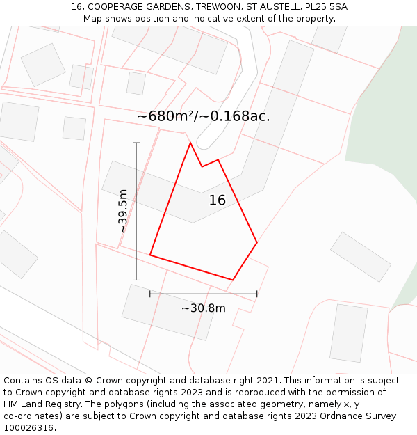 16, COOPERAGE GARDENS, TREWOON, ST AUSTELL, PL25 5SA: Plot and title map