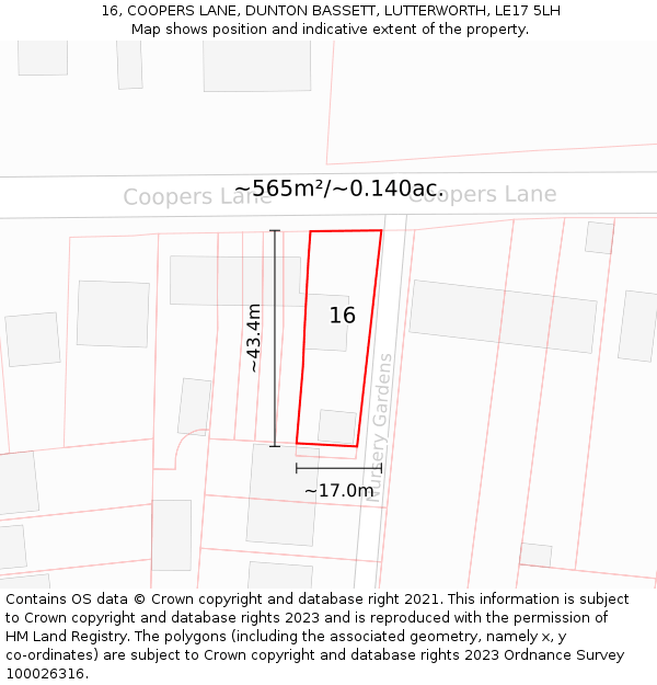 16, COOPERS LANE, DUNTON BASSETT, LUTTERWORTH, LE17 5LH: Plot and title map