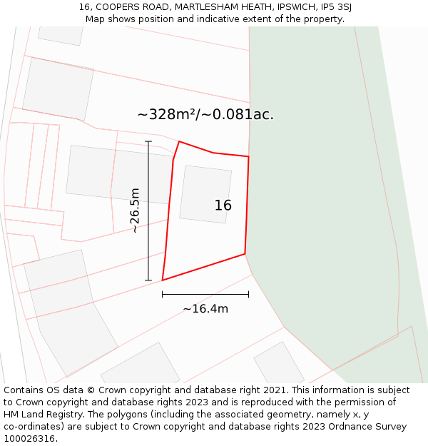 16, COOPERS ROAD, MARTLESHAM HEATH, IPSWICH, IP5 3SJ: Plot and title map