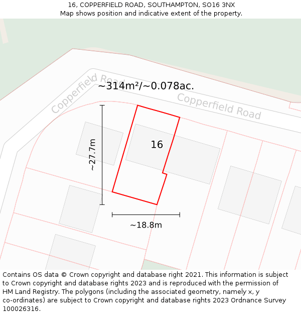 16, COPPERFIELD ROAD, SOUTHAMPTON, SO16 3NX: Plot and title map