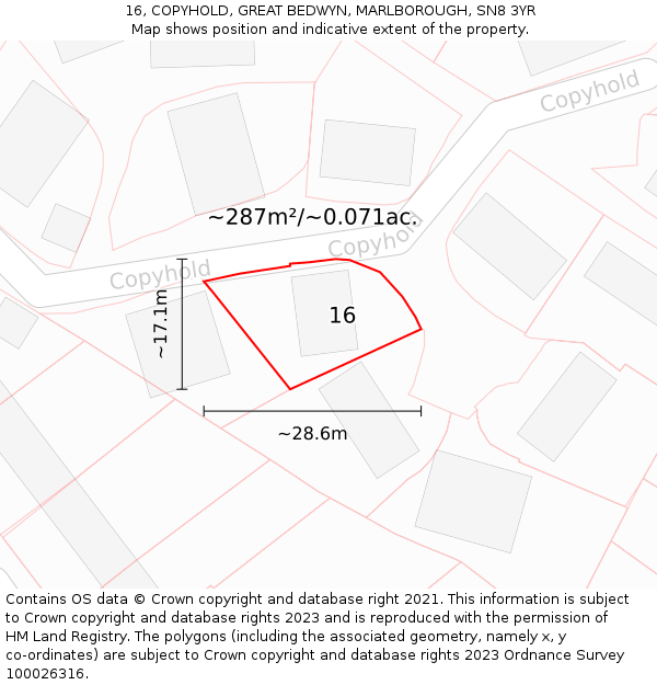 16, COPYHOLD, GREAT BEDWYN, MARLBOROUGH, SN8 3YR: Plot and title map