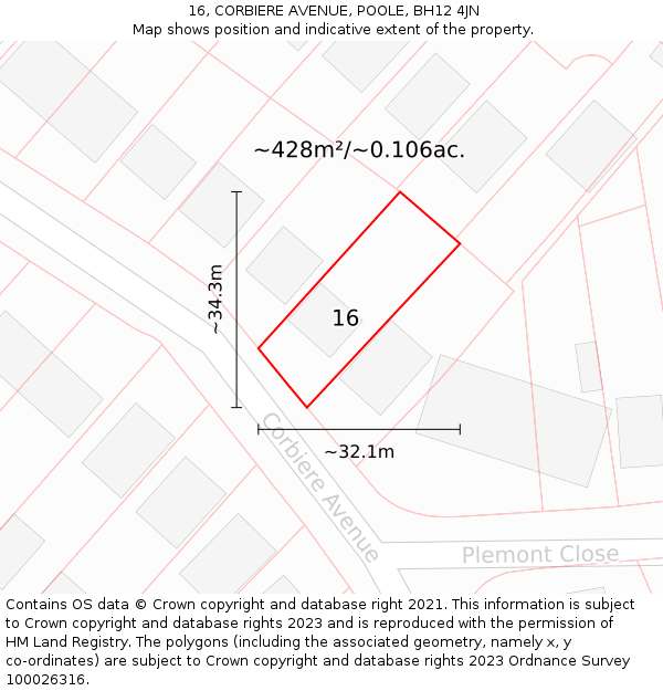 16, CORBIERE AVENUE, POOLE, BH12 4JN: Plot and title map