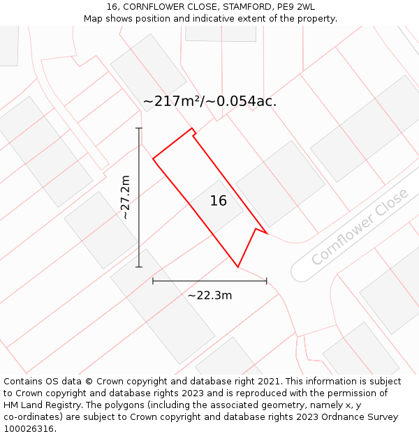 16, CORNFLOWER CLOSE, STAMFORD, PE9 2WL: Plot and title map