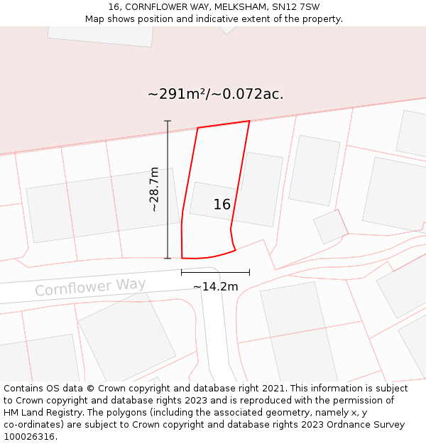 16, CORNFLOWER WAY, MELKSHAM, SN12 7SW: Plot and title map