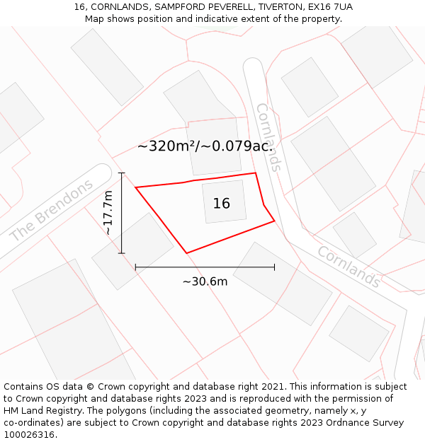 16, CORNLANDS, SAMPFORD PEVERELL, TIVERTON, EX16 7UA: Plot and title map