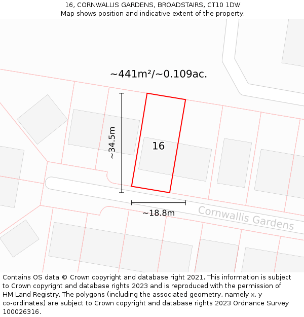 16, CORNWALLIS GARDENS, BROADSTAIRS, CT10 1DW: Plot and title map