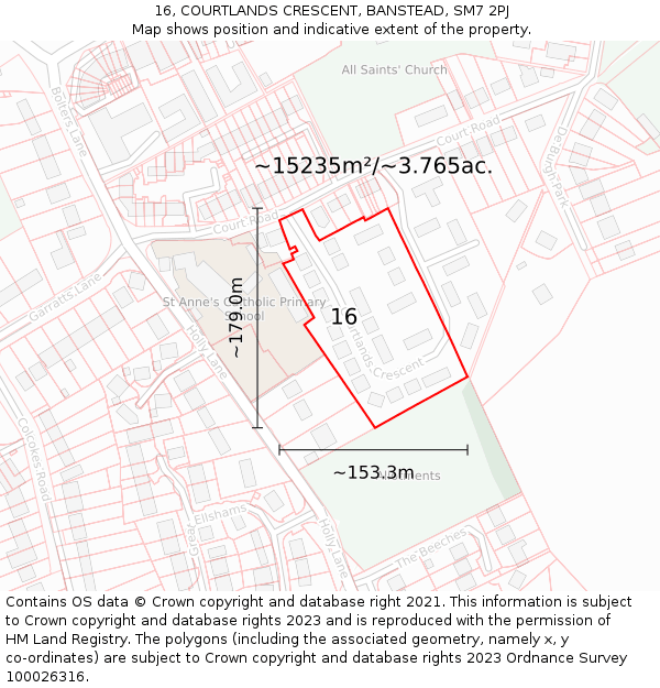 16, COURTLANDS CRESCENT, BANSTEAD, SM7 2PJ: Plot and title map