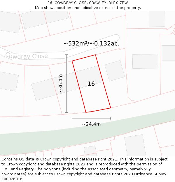 16, COWDRAY CLOSE, CRAWLEY, RH10 7BW: Plot and title map