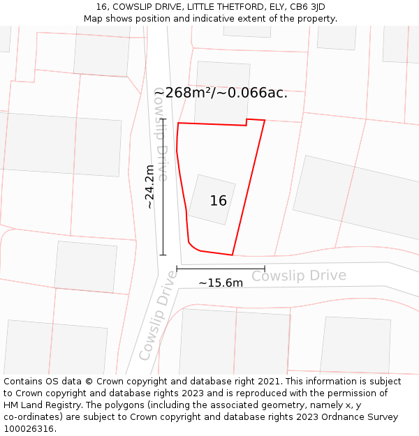 16, COWSLIP DRIVE, LITTLE THETFORD, ELY, CB6 3JD: Plot and title map