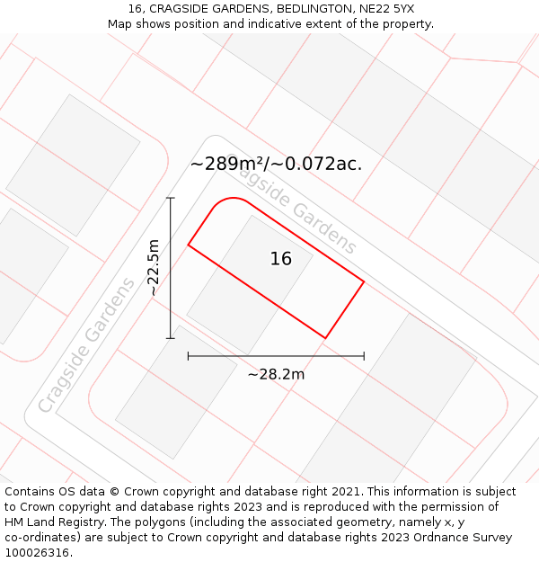 16, CRAGSIDE GARDENS, BEDLINGTON, NE22 5YX: Plot and title map