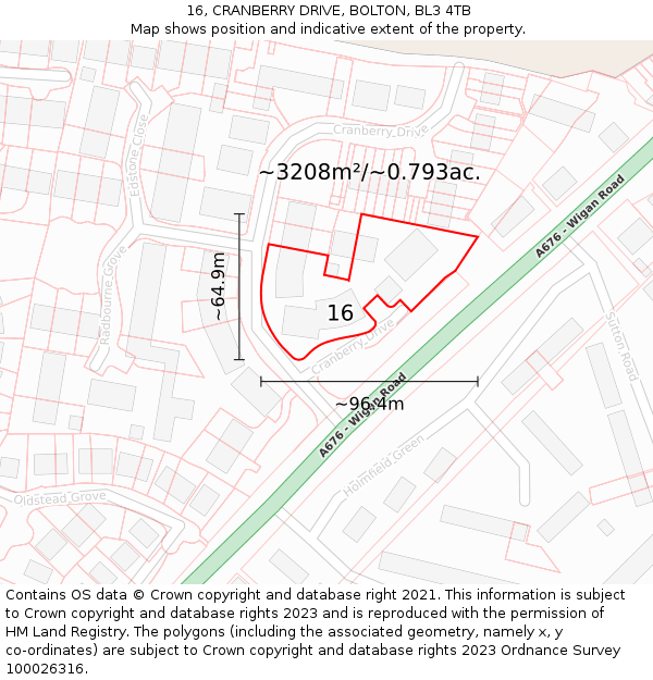 16, CRANBERRY DRIVE, BOLTON, BL3 4TB: Plot and title map