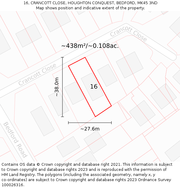 16, CRANCOTT CLOSE, HOUGHTON CONQUEST, BEDFORD, MK45 3ND: Plot and title map