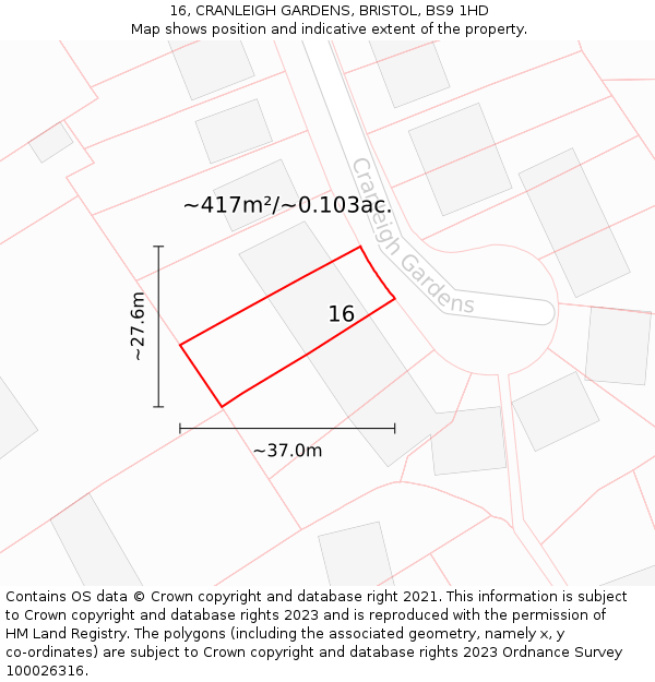 16, CRANLEIGH GARDENS, BRISTOL, BS9 1HD: Plot and title map