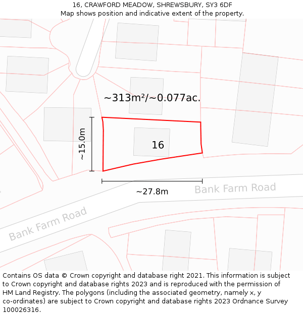 16, CRAWFORD MEADOW, SHREWSBURY, SY3 6DF: Plot and title map