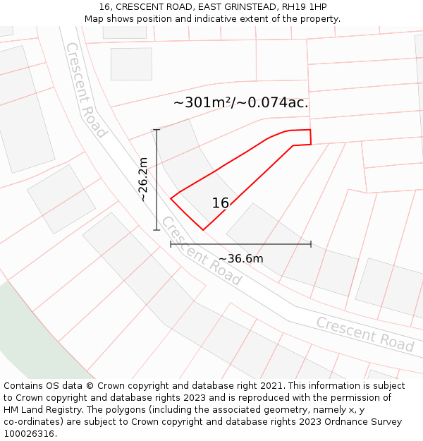 16, CRESCENT ROAD, EAST GRINSTEAD, RH19 1HP: Plot and title map