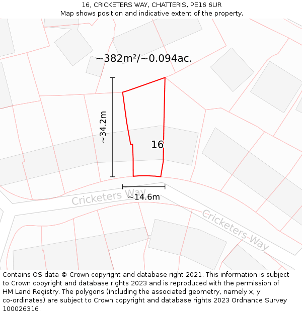 16, CRICKETERS WAY, CHATTERIS, PE16 6UR: Plot and title map