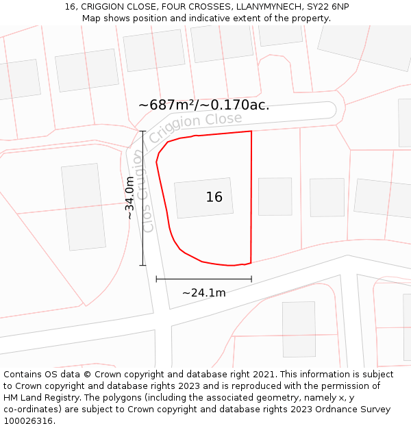 16, CRIGGION CLOSE, FOUR CROSSES, LLANYMYNECH, SY22 6NP: Plot and title map