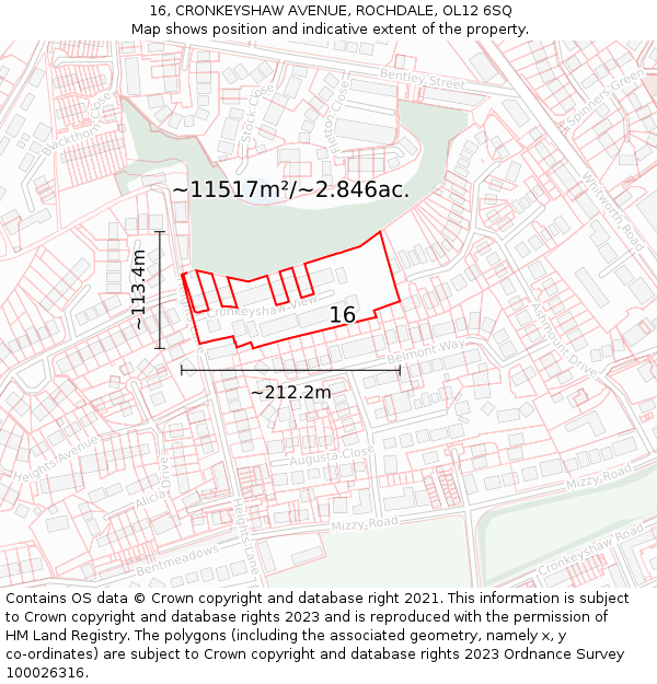 16, CRONKEYSHAW AVENUE, ROCHDALE, OL12 6SQ: Plot and title map