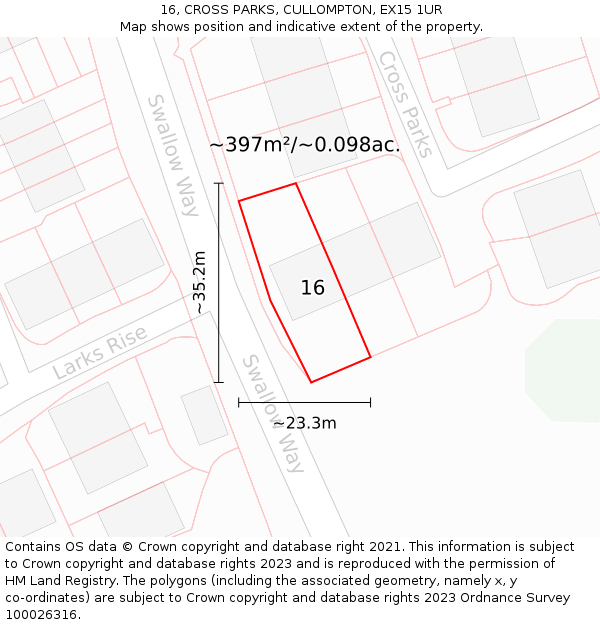 16, CROSS PARKS, CULLOMPTON, EX15 1UR: Plot and title map