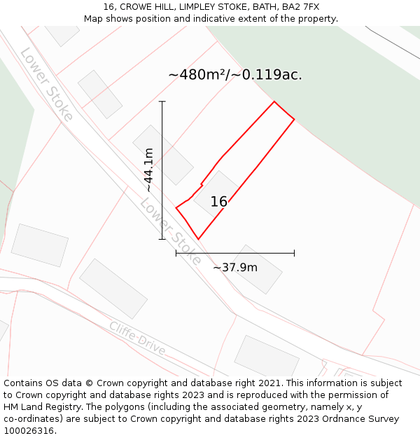 16, CROWE HILL, LIMPLEY STOKE, BATH, BA2 7FX: Plot and title map