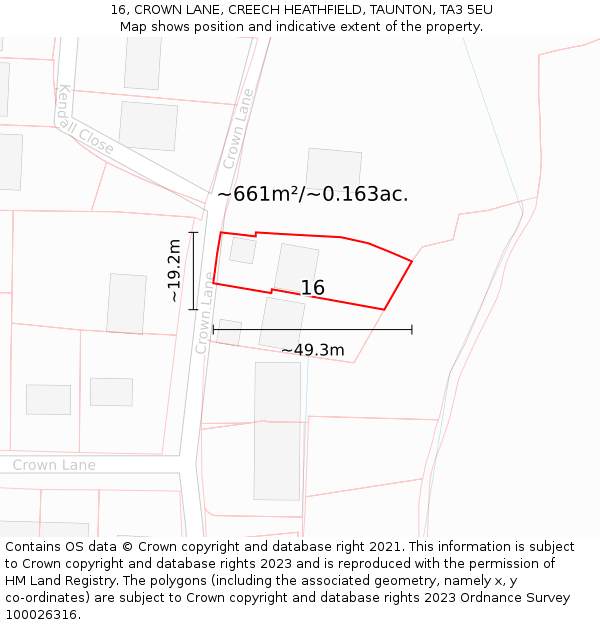 16, CROWN LANE, CREECH HEATHFIELD, TAUNTON, TA3 5EU: Plot and title map