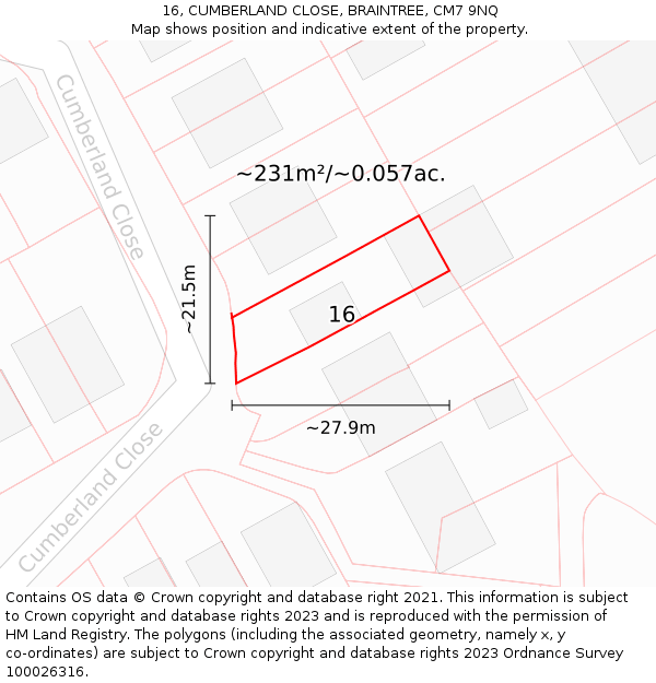 16, CUMBERLAND CLOSE, BRAINTREE, CM7 9NQ: Plot and title map