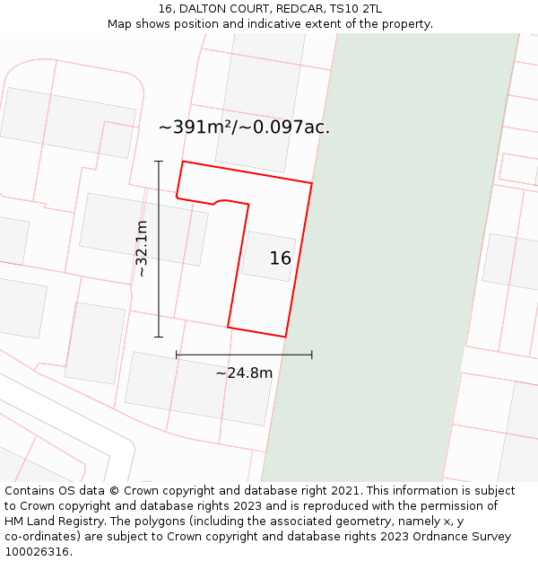 16, DALTON COURT, REDCAR, TS10 2TL: Plot and title map