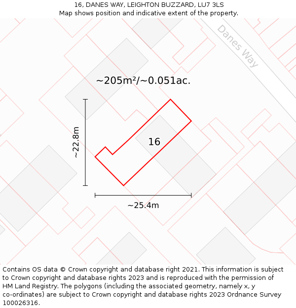 16, DANES WAY, LEIGHTON BUZZARD, LU7 3LS: Plot and title map