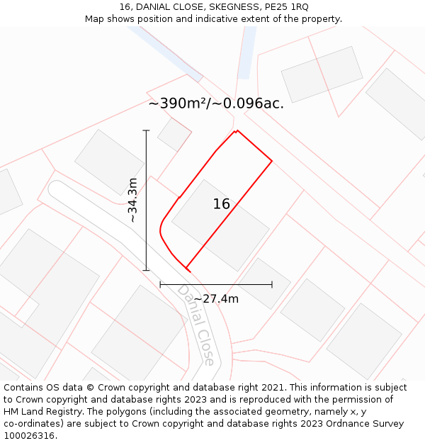 16, DANIAL CLOSE, SKEGNESS, PE25 1RQ: Plot and title map