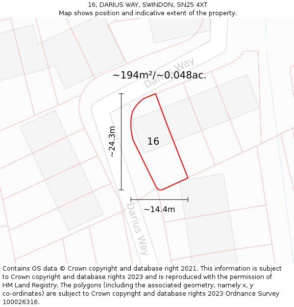 16, DARIUS WAY, SWINDON, SN25 4XT: Plot and title map