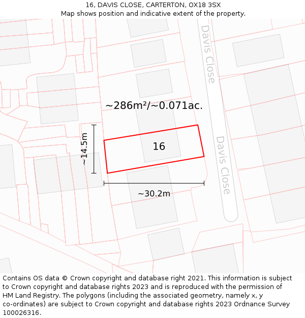 16, DAVIS CLOSE, CARTERTON, OX18 3SX: Plot and title map