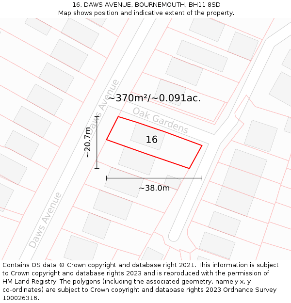 16, DAWS AVENUE, BOURNEMOUTH, BH11 8SD: Plot and title map
