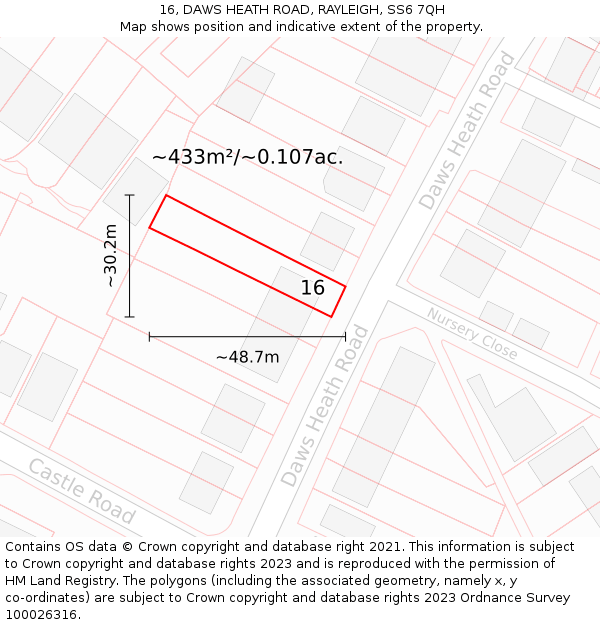 16, DAWS HEATH ROAD, RAYLEIGH, SS6 7QH: Plot and title map