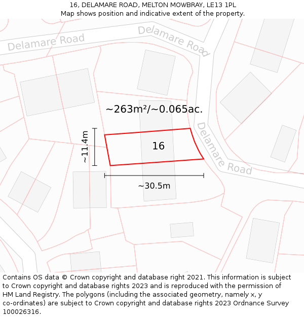 16, DELAMARE ROAD, MELTON MOWBRAY, LE13 1PL: Plot and title map