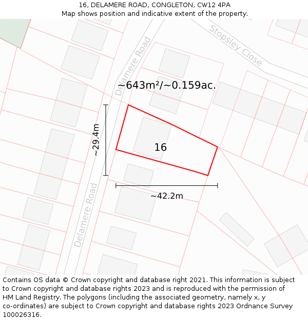 16, DELAMERE ROAD, CONGLETON, CW12 4PA: Plot and title map