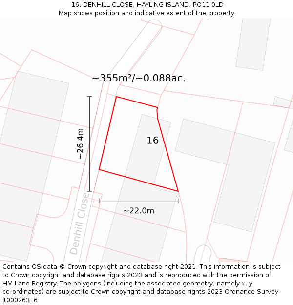 16, DENHILL CLOSE, HAYLING ISLAND, PO11 0LD: Plot and title map